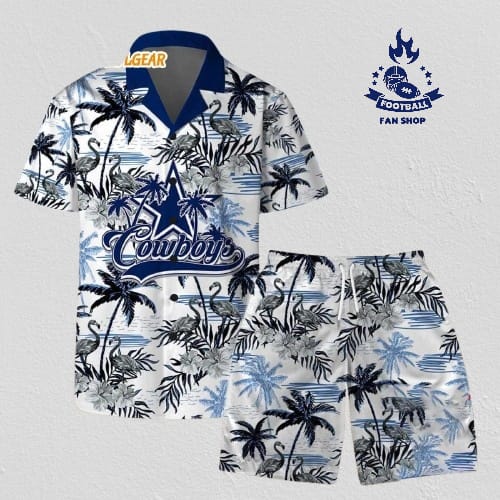 Dallas Cowboys Football Team Logo Pattern Flamingo Hibiscus Summer Hawaiian Shirt And Beach Short