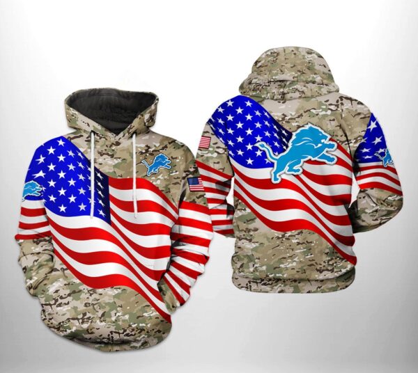 Detroit Lions NFL US Flag Camo Veteran Team 3D Hoodie 1