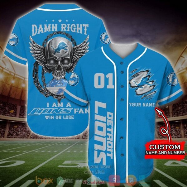 Personalized Detroit Lions Nfl Wings Skull Baseball Jersey 1