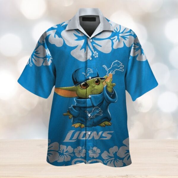 Detroit Lions Baby Yoda Short Sleeve Button Up Tropical Hawaiian 1