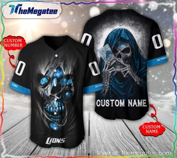 custom detroit lions skull all over printed baseball jersey