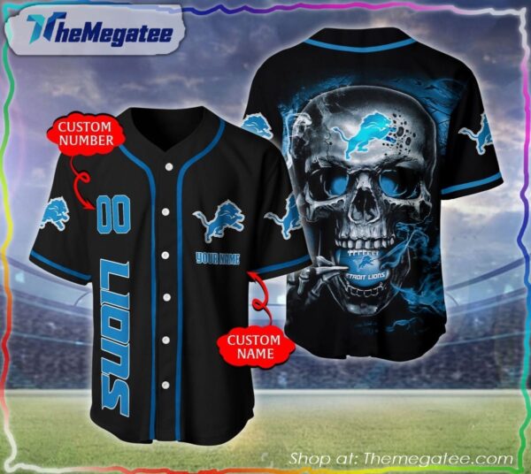 custom skull hold logo detroit lions all over printed baseball jersey style shirt