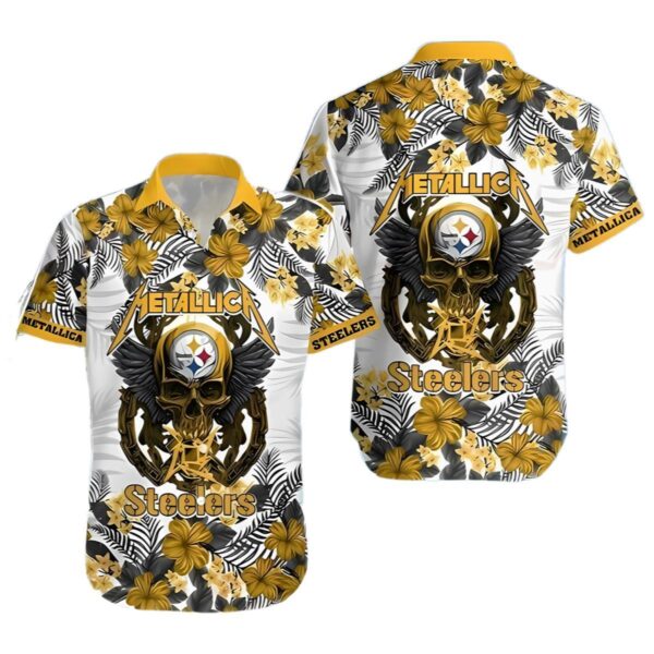 Metallica Skull And Flower Pittsburgh Steelers Hawaiian Shirt 1